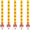 5PCS Artificial Marigold Garland with Lotus and Bell for Diwali Decoration, Marigold Long Strands for Indian Wedding Pooja Puja Decor, Flowers Garland for Christmas Thanksgiving New Year (5pcs Yellow Orange)