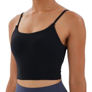 Women's Strappy Stretch Sports Bra Longline Yoga Tank Top Fitness Bra Workout Camisole Crop Tops for Teen Girl (Large, Black)
