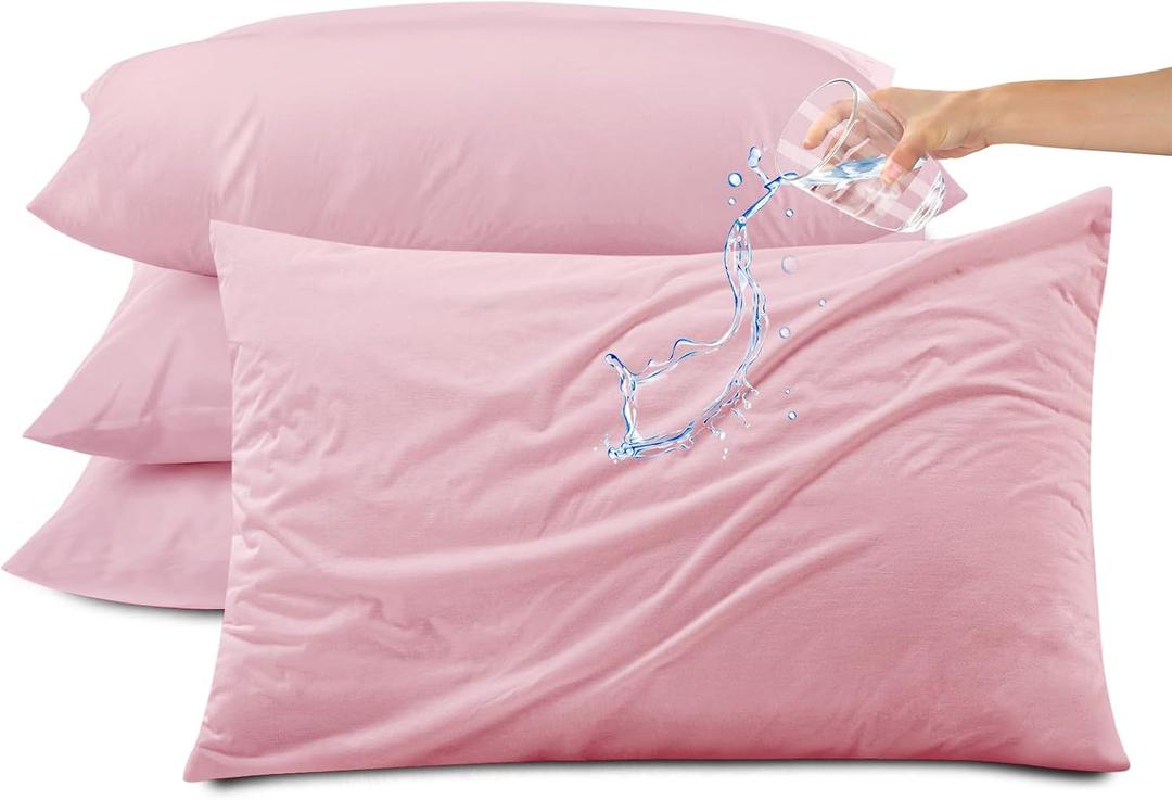 Kingrest Waterproof & Noiseless Pillow Protector (Queen, Pack of 4, Pink), Breathable Pillow Covers with Zipper, Machine Washable Pillow Encasment