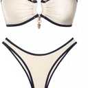 seamoly Ruched U-Ring Metal Tied Back Bandeau Top & Brazilian Bottom Bikini Set, L
