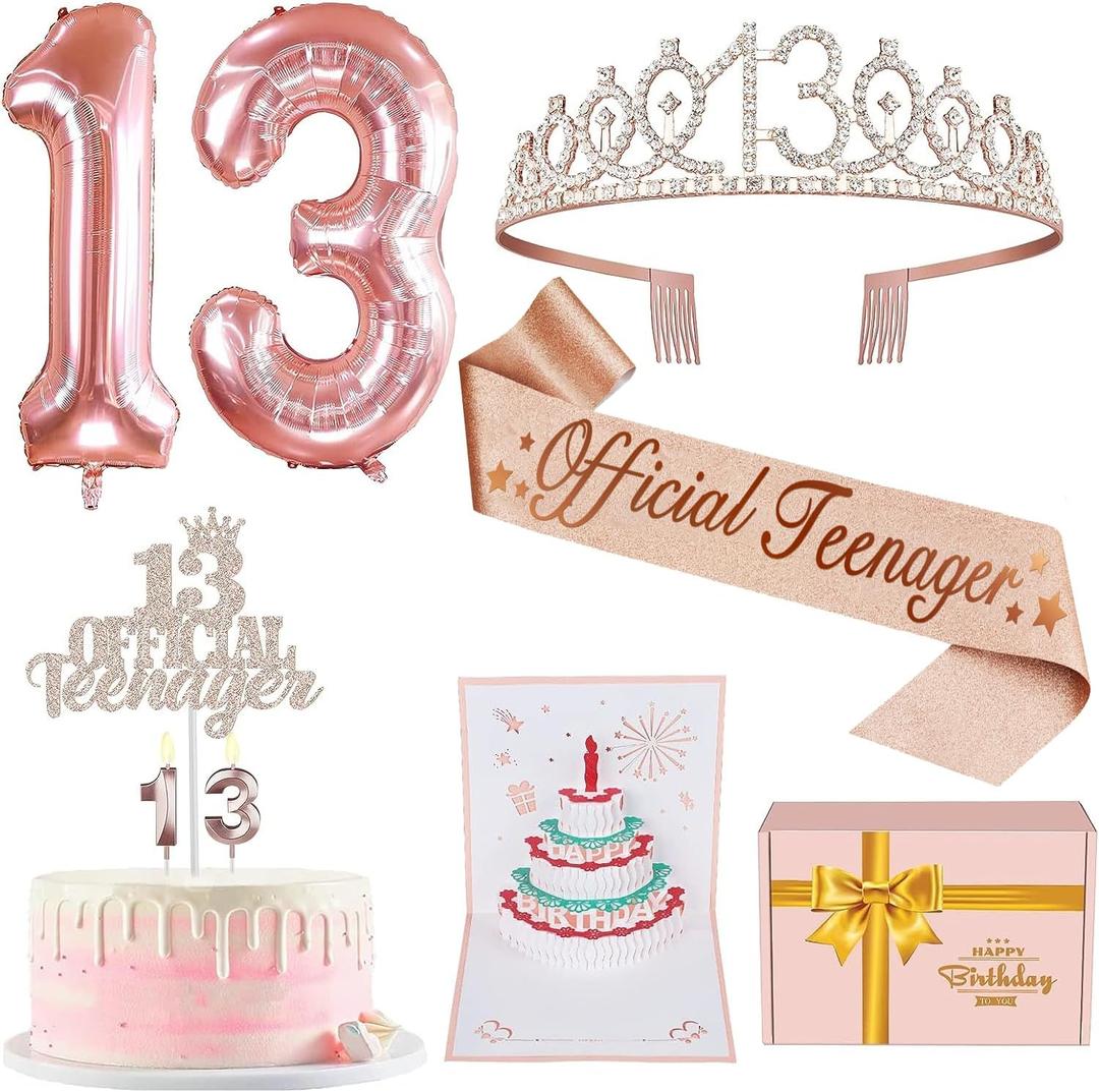 13th Birthday Decorations for Girls, Including 13th Birthday Sash and Tiara, Cake Topper and Candles, Number Balloons, 3D Pop Up Greeting Card, Teen Girl Gifts for 13 Year Old