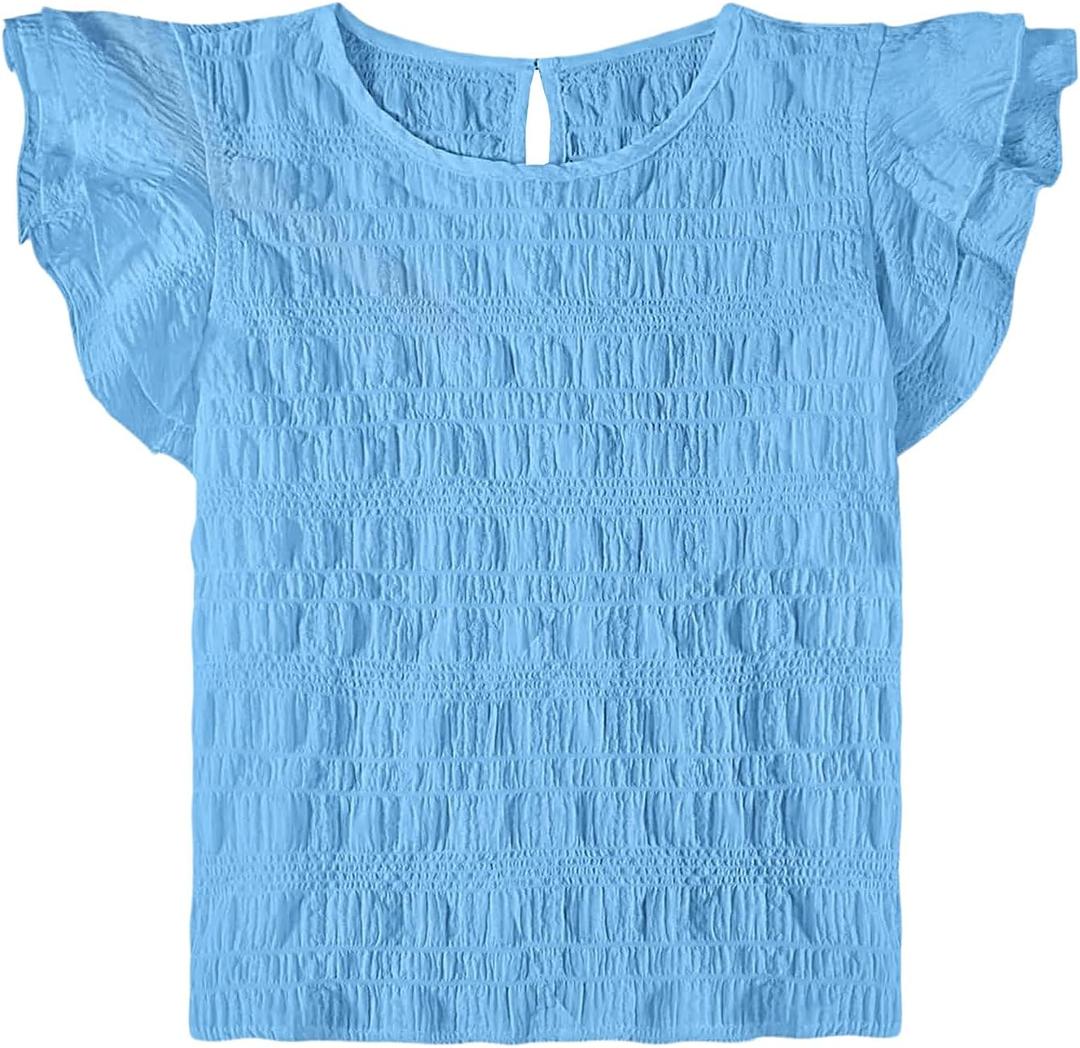Ecolala Girls Summer Ruffle Short Sleeve Casual Pleated Blouse Cute Keyhole Neckline Solid Tops Blue, 13-14 Years