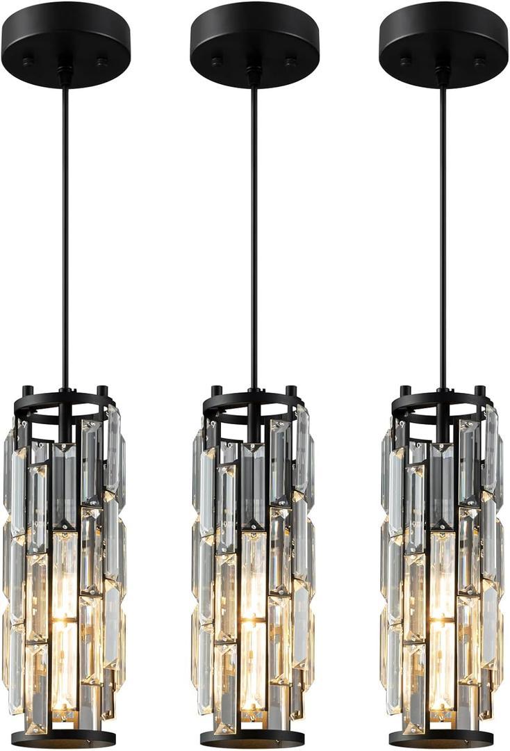 LMQNINE Pendant Lights Modern Black Pendant Light Mini Crystal Chandelier Pendant Lighting for Kitchen Island Dinning Room Bedroom Kitchen Sink Lighting (Black 3-Pack)