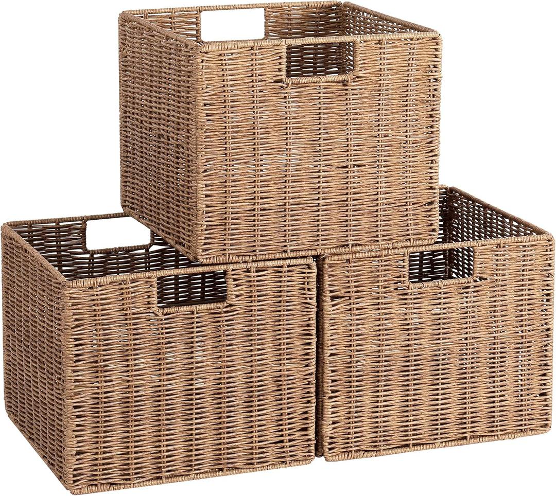 12X12X10in Plastic Wicker Storage Basket, Collapsible Wicker Cube Storage for Shelves, Woven Plastic Storage Basket for Pantry, Bedroom, Living Room, Bathroom, Shelves(Natural), Pack of 3