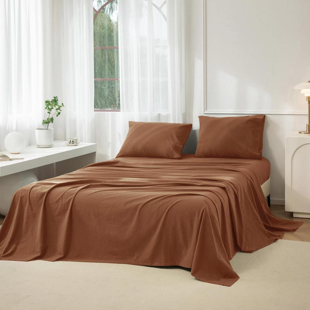 JIYUAN 100% Washed Cotton Sheet Set 4 Pieces King,1 Fitted Sheet,1 Flat Sheet and 2 Pillowcases,Comfy and Breathable Linen Like Bedding Set,Burnt Orange