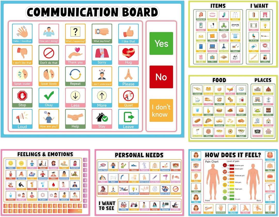 6Pcs Communication Board for Non Verbal Adults Picture Symbol Communication Cards Speech Therapy Tools for Autism Toddlers Kids Aphasia Stroke Patients Hospital Care Home Use Talking Placemats