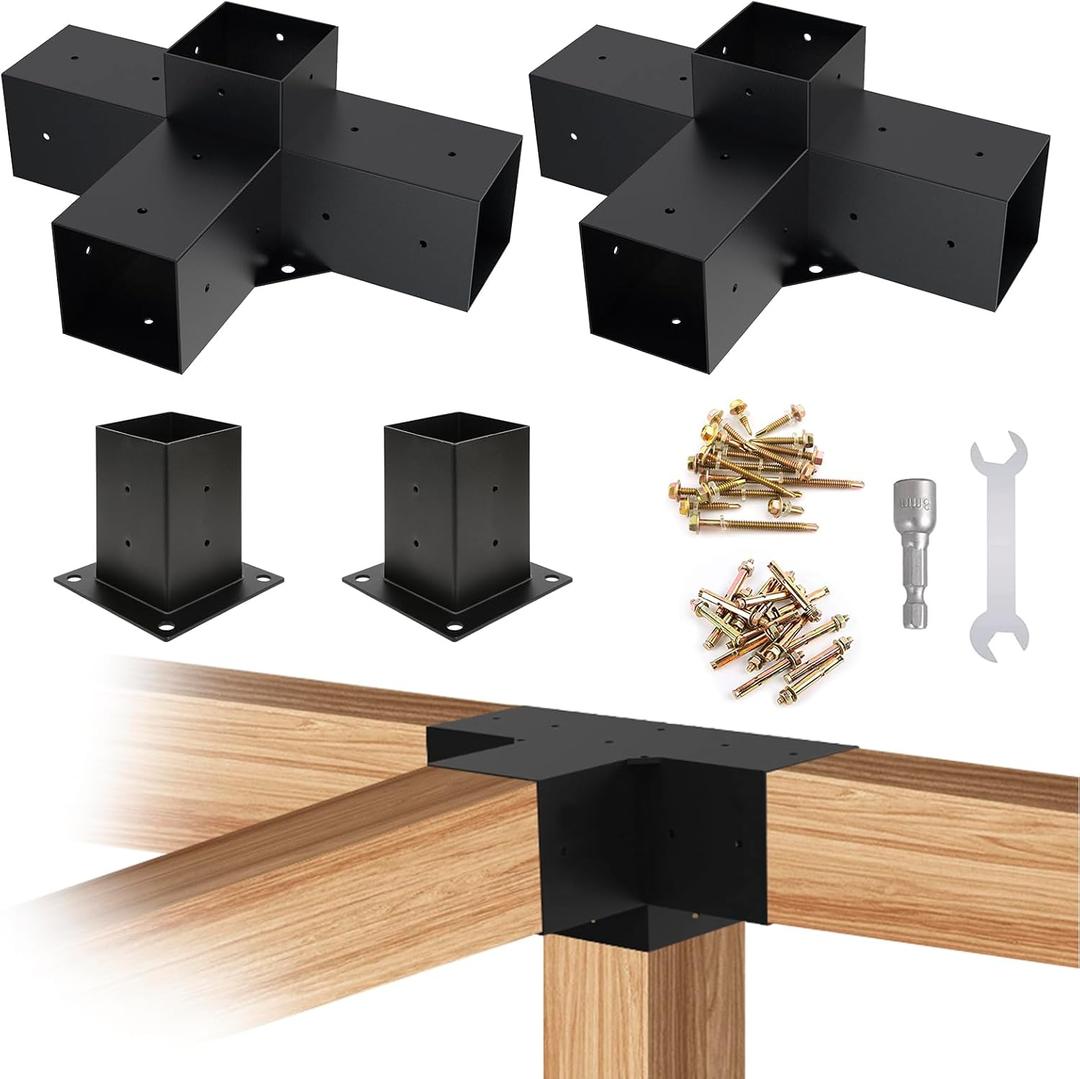 4x4 Woodworks Pergola Brackets Kit, 4-Way Corner Extension Brackets, Black Powder Coated, 4x4 Metal Brackets for Wood Beams, Fence and Carport (Actual: 3.5""x3.5""), TK00062-3T2P