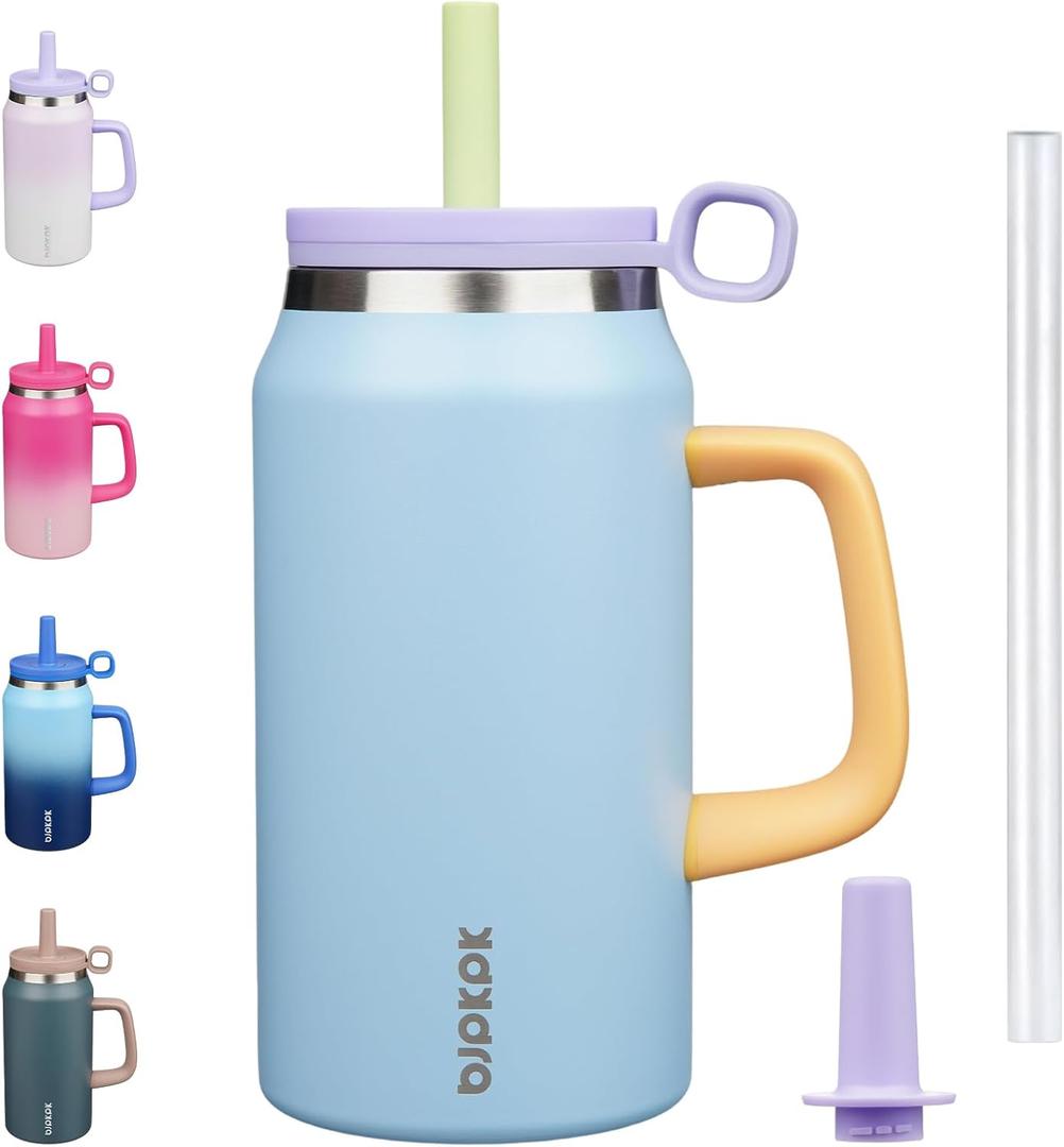 BJPKPK 50oz Insulated Tumbler with Handle Stainless Steel Travel Coffee Mug with Lid Reusable Large Water Bottle with Straw,Blue