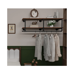 Clothes Rack 48in, Wall Mounted Garment Rack with Real Wood Shelf, Heavy Duty Hanging Clothes Rack, Multi-Purpose Hanging Rod, Space-Saving Closet Storage, (2T48IN)