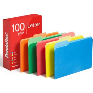 Pendaflex Colored File Folders, 100 Pack, Letter Size (8.5" x 11"), 3 Tabs, Durable Paper, 5 Colors: Blue, Green, Red, Yellow, Orange, Color-Coding for School, Office & Home Document Organization
