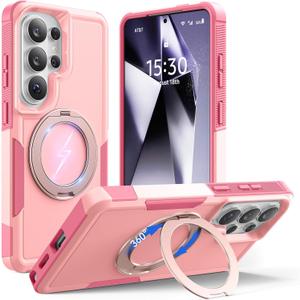 for Samsung Galaxy S26 Ultra case with Stand, 7X Military-Grade Drop Protection, Shock-Absorbing Phone Rugged Cover, Compatible with MagSafe Accessories,360 Magnetic Stand, LightPink