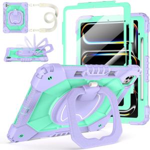 Case for iPad Pro 13 Inch M5 2025 / M4 2024, Auorld for iPad Pro 13 Inch M5 2025 with Screen Protector, 360 Degree Rotating Stand Shoulder Strap Pencil Holder, Purple Mint