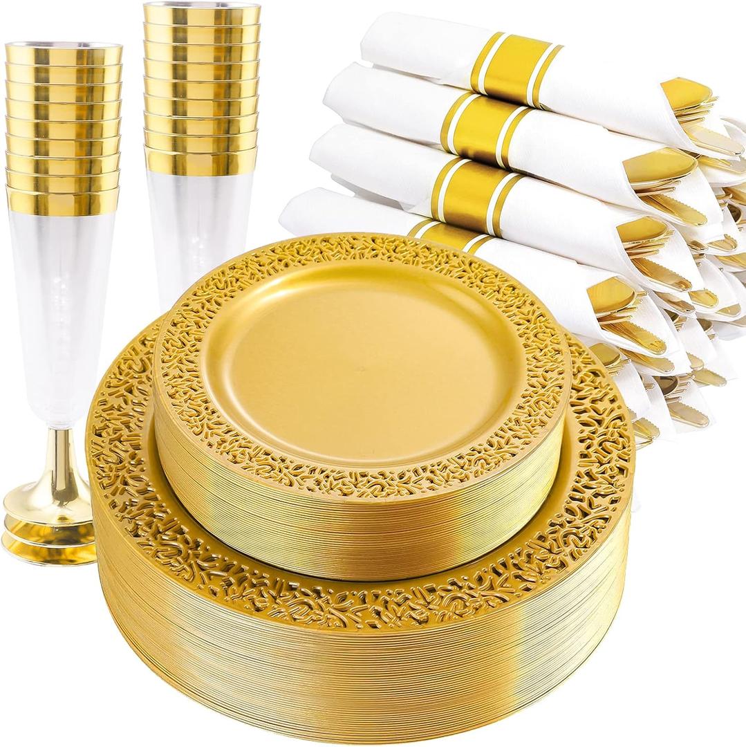 DaYammi 210PCS Solid Gold Disposable Plates with Gold Plastic Silverware and Cups for Party, Plastic Plates Include: 30 Dinner Plates 30 Dessert Platos 30 Rolled Napkins with Cutlery 30 Cups
