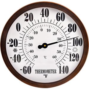 12" Indoor Outdoor Thermometer Decorative - Large Outdoor Thermometers for Patio, Round Wall Thermometer with Stainless Steel Enclosure, No Battery Needed Hanging Thermometer Outdoor (Bronze)