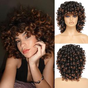 Short Curly Wig with Bangs，Full Loose Curly Wigs for Black Women Big Curly Wig Soft Fluffy Natural Synthetic Hair for Daily and Party (Ombre Brown)