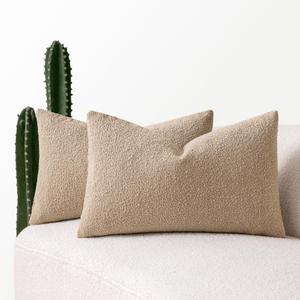MIULEE 12x20 Inch Decorative Lumbar Throw Pillows for Bed Set of 2 Textured Boucle Neutral Winter Throw Pillow Covers Khaki Accent Solid Pillowcases Sofa Livingroom Home Decor