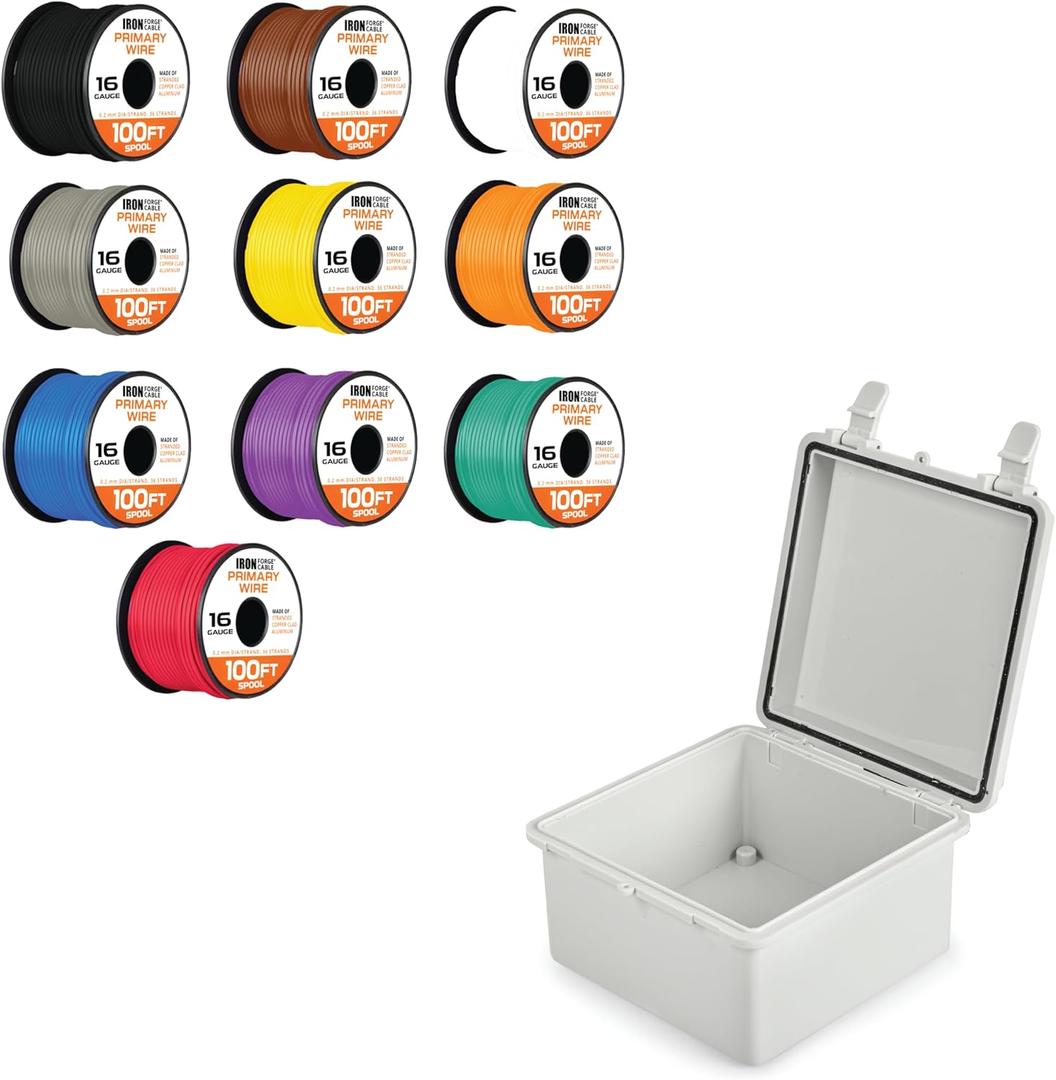 Iron Forge Cable 16 Guage Primary Automotive Wire Assortment 9 Roll 100Ft Copper Clad Aluminum Cable & Waterproof Junction Box Electrical Enclosure & Complete Accessories ABS Plastic IP65 6"x6" x3.6"