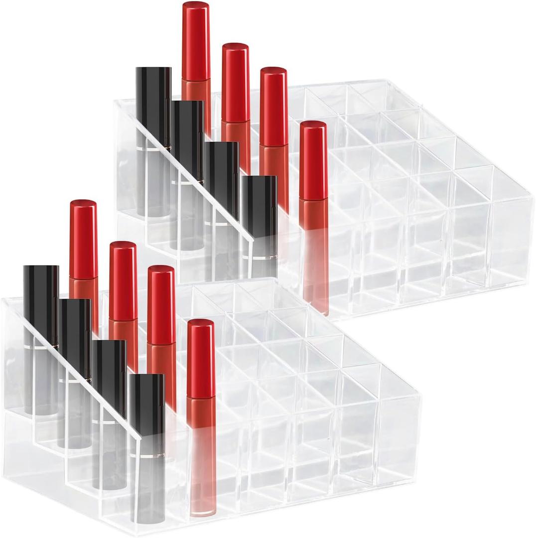 LOGJAM 2 Pcs Acrylic Perfume Organizer, 24 Slots Clear Lipstick Lip gloss Holder, Cosmetic Case For Lip Gloss Brushes Bottles