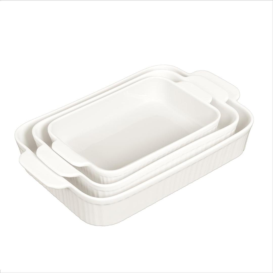Glad Baking Dish Set, 3pc - Rectangular Stoneware Casserole Dishes for Oven and Microwave - Nesting Bakeware Set with Handles (12'', 10.5'', and 8.5''), Dishwasher Safe (White)