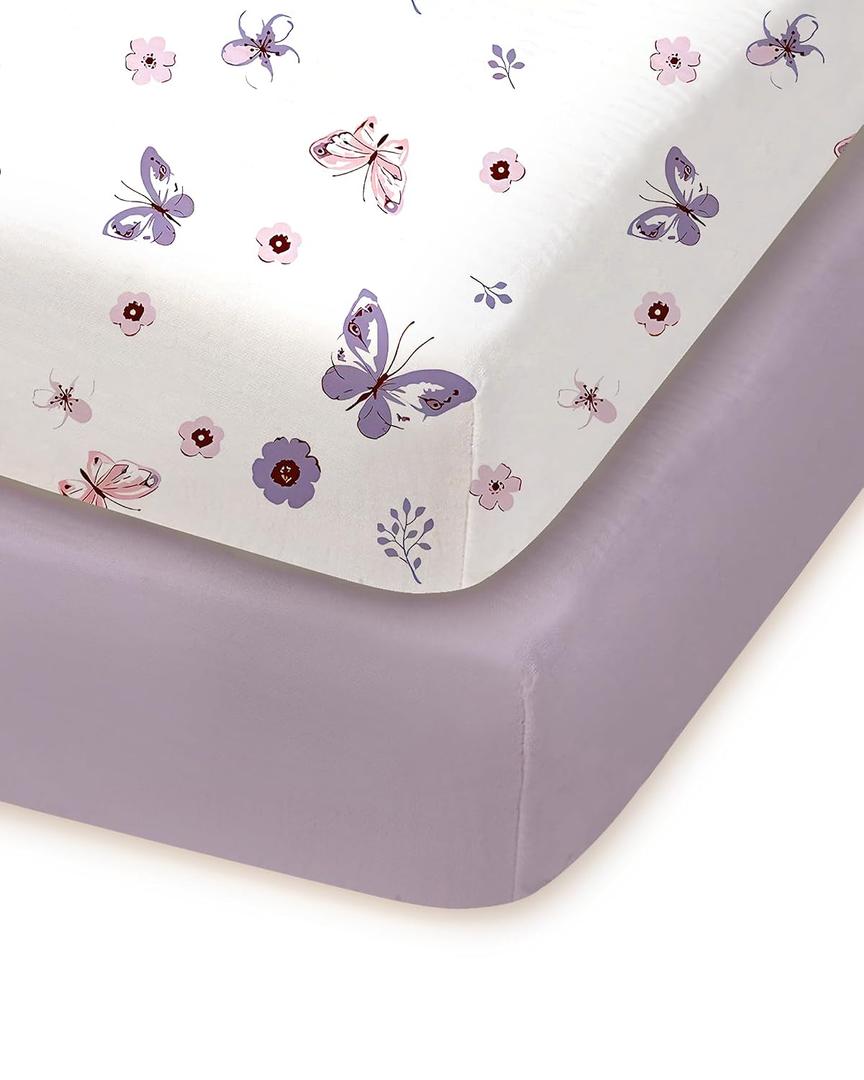 Pack and Play Sheets 2 Pack, 38x26 Jersey Knit Fitted Sheets | Pack and play sheets with 95% polyester, 5% spandex jersey knit, deep pocket, snug fit, 2-pack.