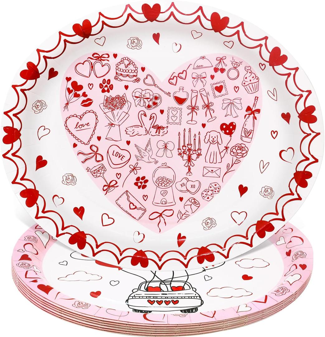 WorldBazaar Mother's Day Oval Paper Plates 24Pcs Disposable Red Pink Heart Love Paper Platters Love Theme Dessert Plates Wedding Anniversary Birthday Party Decor