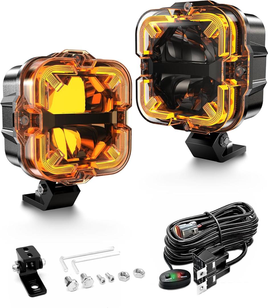 4 Inch LED Pods Off Road Lights, 90W 12000LM Amber Fog Lights with X DRL & Wiring Harness, IP67 Waterproof Spot Flood Combo for Trucks SUV ATV UTV - 2PCS