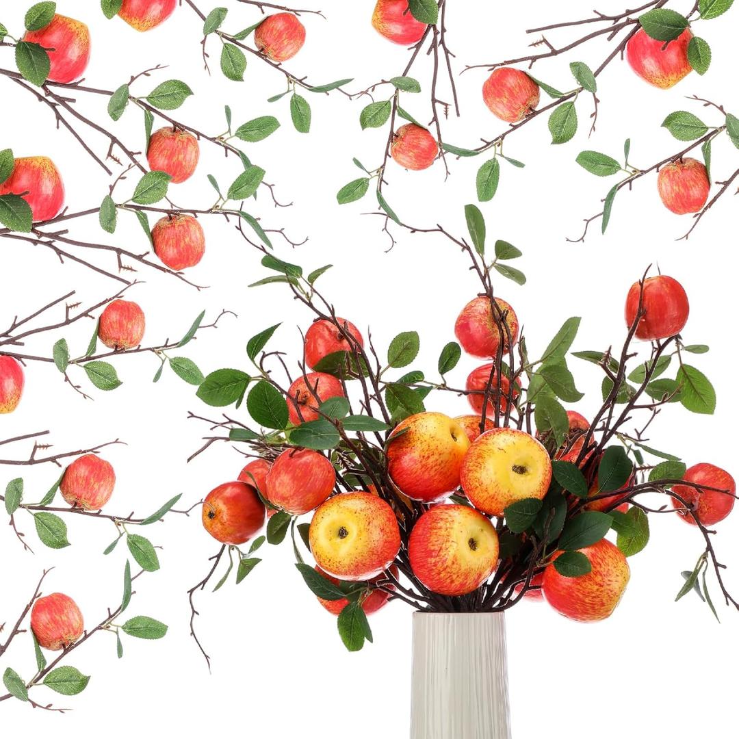 10 Pcs 17.72 Inches Artificial Fake Apple Branches Realistic Tall Apple Bouquets Tree Branch with Long Stem and Green Leaves Fruit Plant for Home Office Vase Filler Shop Decoration