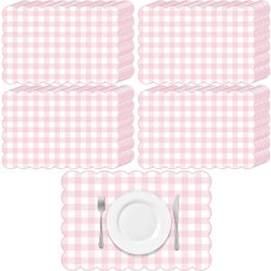 60 Pcs Pink Gingham Paper Placemat Party Supplies Gift Scalloped Table Placemat 17.7 X11.8 Inch Disposable Decorative Paper Mats Bulk for Valentine's Anniversay Baby Shower Wedding Banquet
