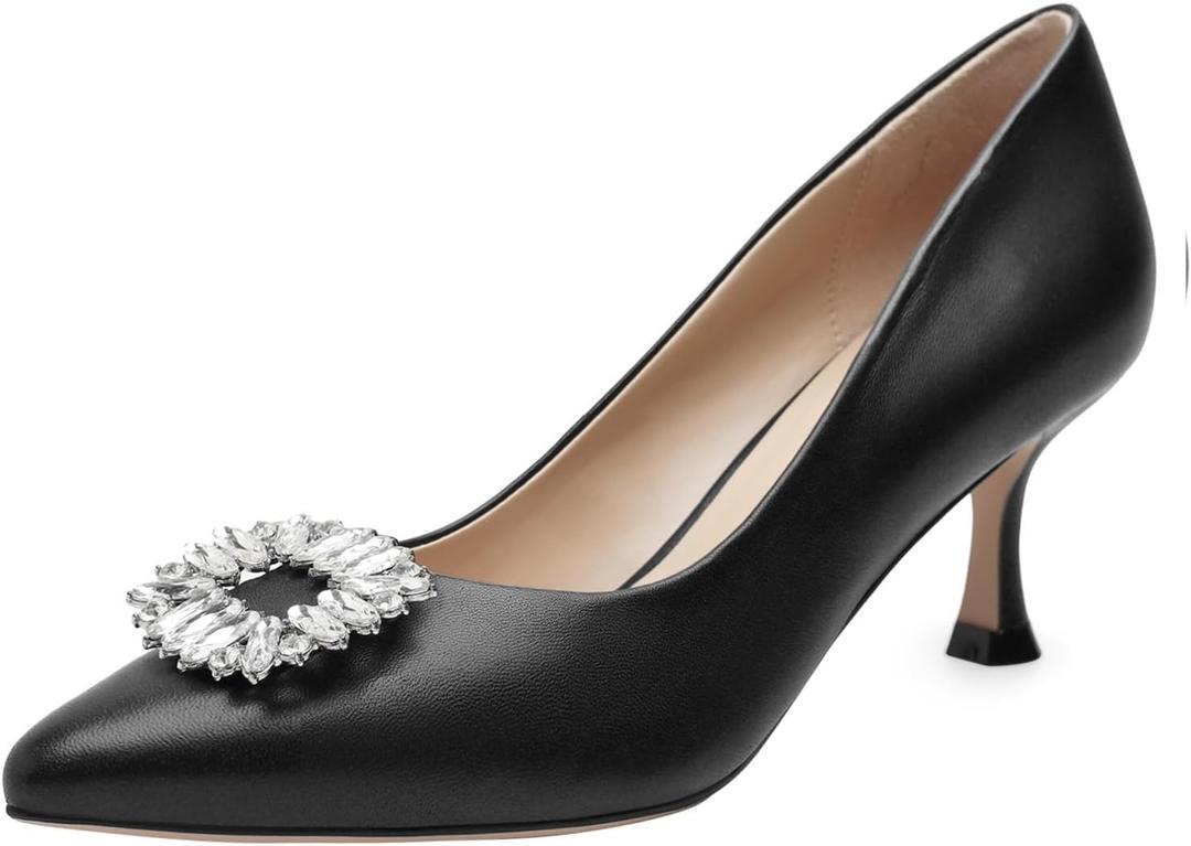 Stiletto Pumps for Women Genuine Leather Pointy Toe Kitten Heels Elegant Gorgeous Closed Toe Slip On Solid Low Heel for Business Casual Ladies Wedding Dress Shoes (7.5)