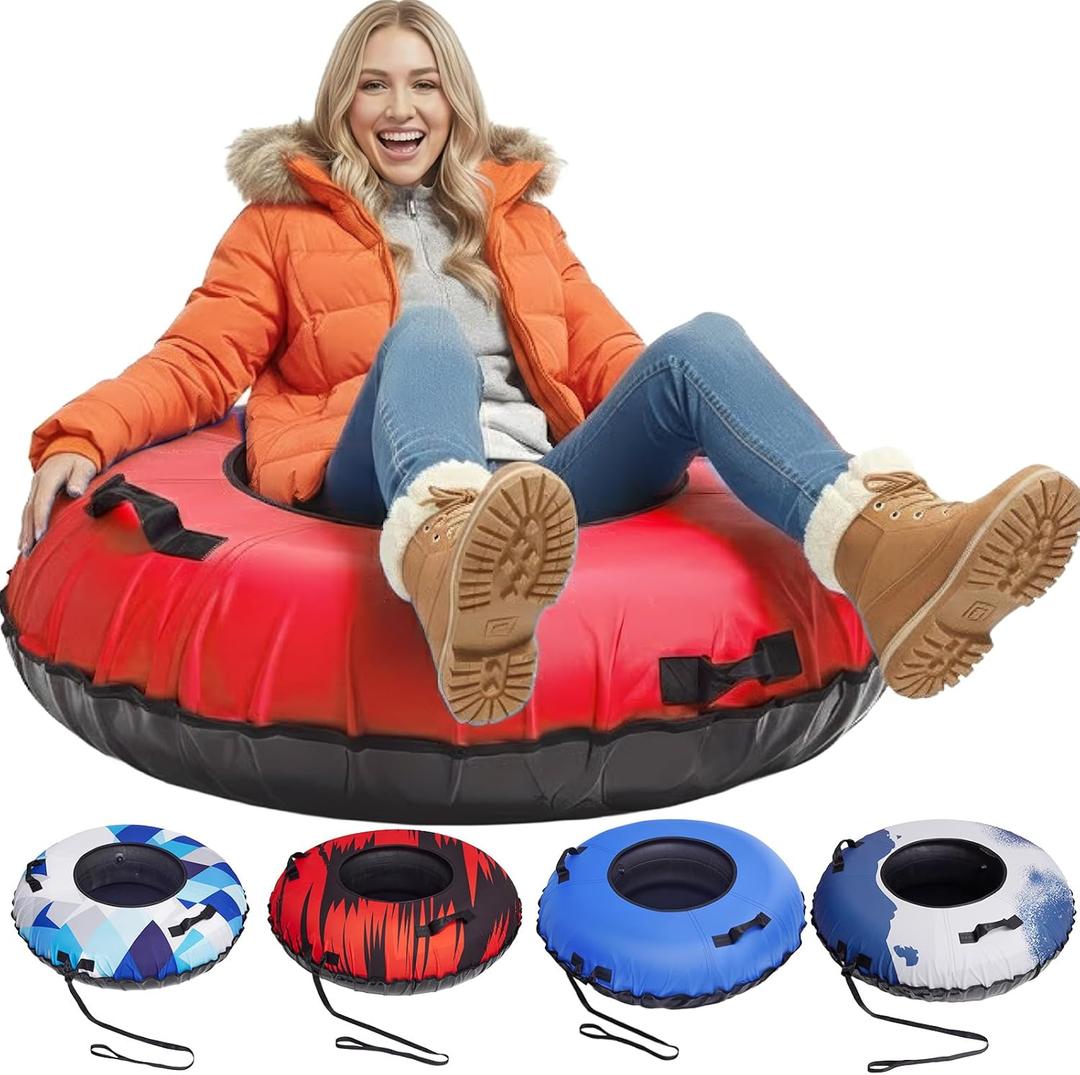 Snow Tube, 45'' Rubber Snow Tubes with Commercial Grade Canvas Cover for Kids & Adults, Inflatable Heavy Duty Snow Sled Thickened Hard Bottom with Tow Strap, Sleds Winter Gifts