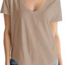 Smile Fish Summer Women V Neck Short Sleeve T-Shirt Relaxed Fit Curved Hem Casual Tops (Beige, XXL)
