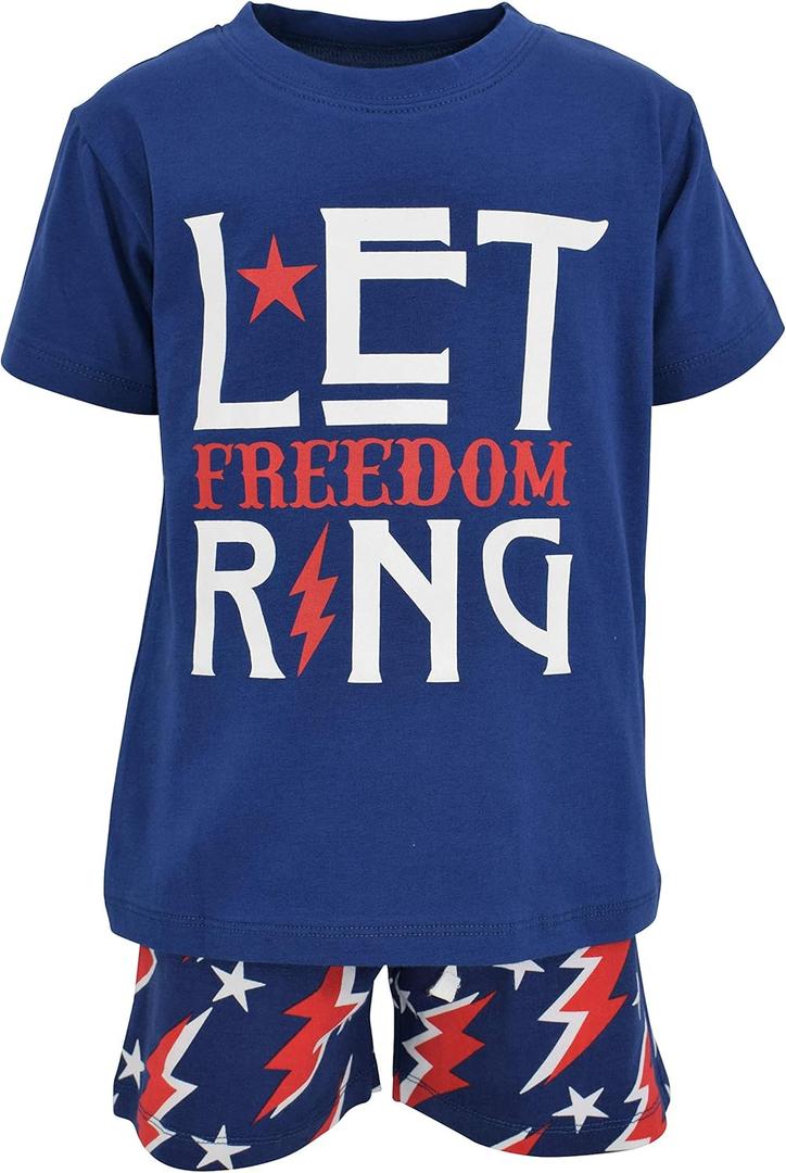 Boys 2pc Shorts Set Outfit Short Sleeve Shirt with Bold Applique Print and Shorts (8 Years, Let Freedom Ring)