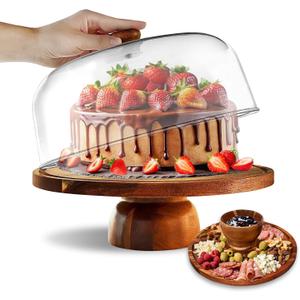 Acacia-Cake-Stand Charcuterie Board With Acrylic Lid, 2-in-1 Wood Cake Holder With Cover, Round Cake Plate with Dome For PartyDessert Table Display Stand For Cheese, Chips & Dips, Nachos, Fruit Platter
