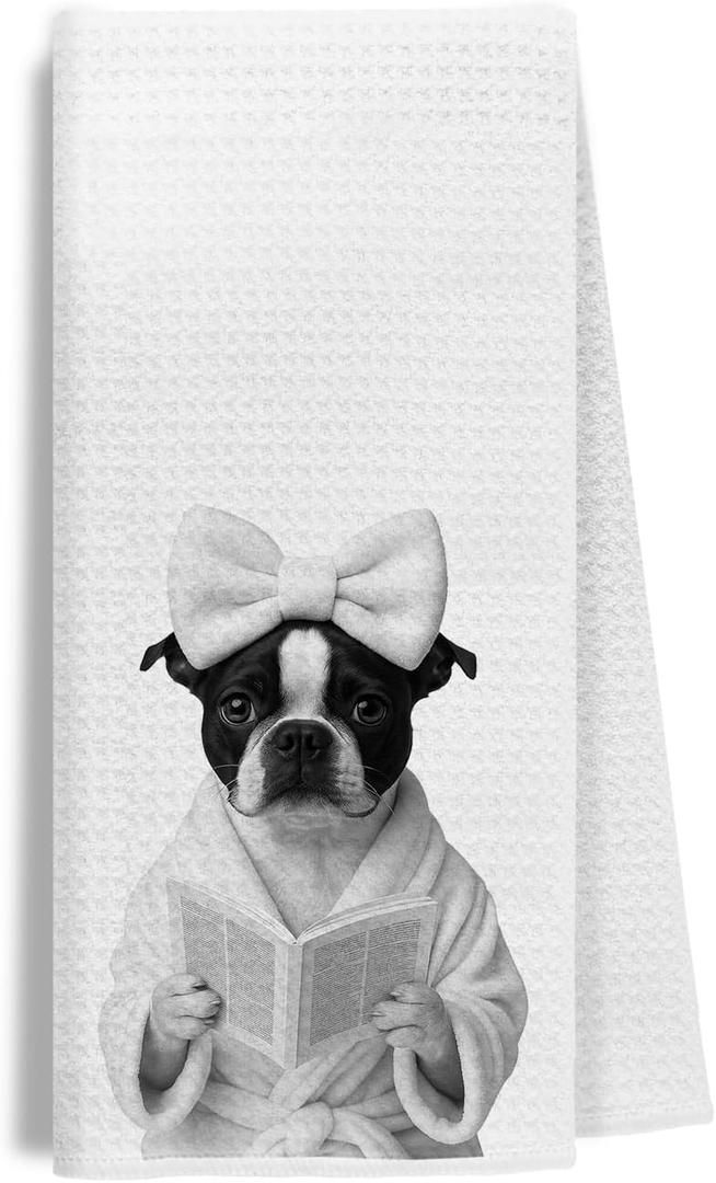 Funny Boston Terrier Reading Dish Towels  Dog Lover Gifts for Women, Bookish Mom Hand Towels for Bathroom, 16x24 Inch