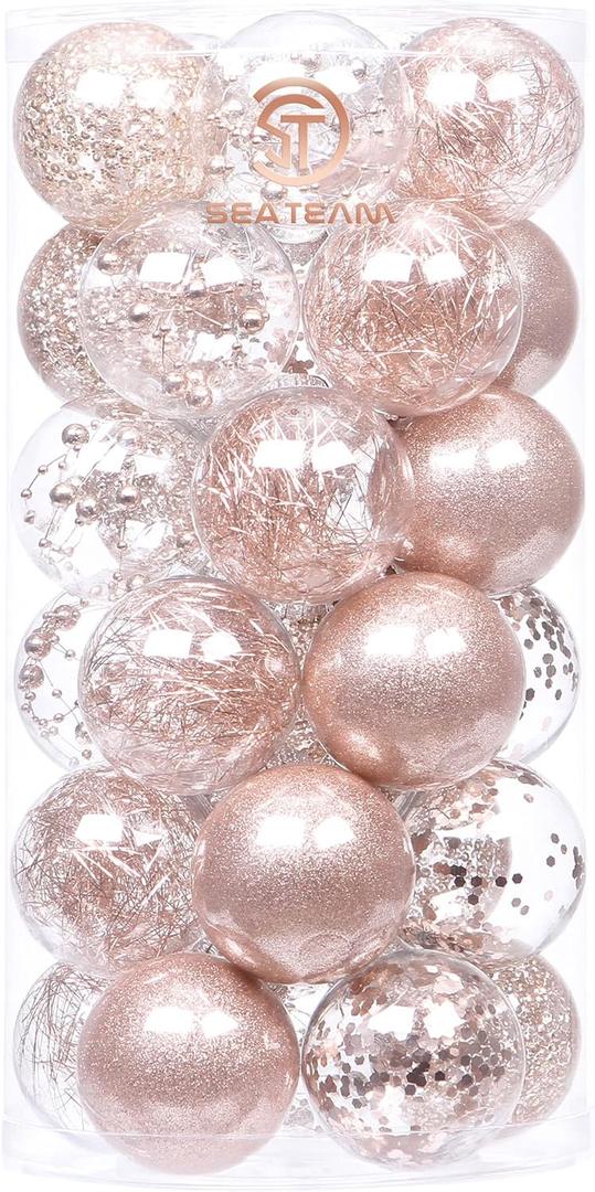 Sea Team Shatterproof Clear Plastic Christmas Ball Ornaments Decorative Xmas Balls Baubles Set with Stuffed Delicate Decorations (60mm/2.36''/30-Pack, Rose Gold)