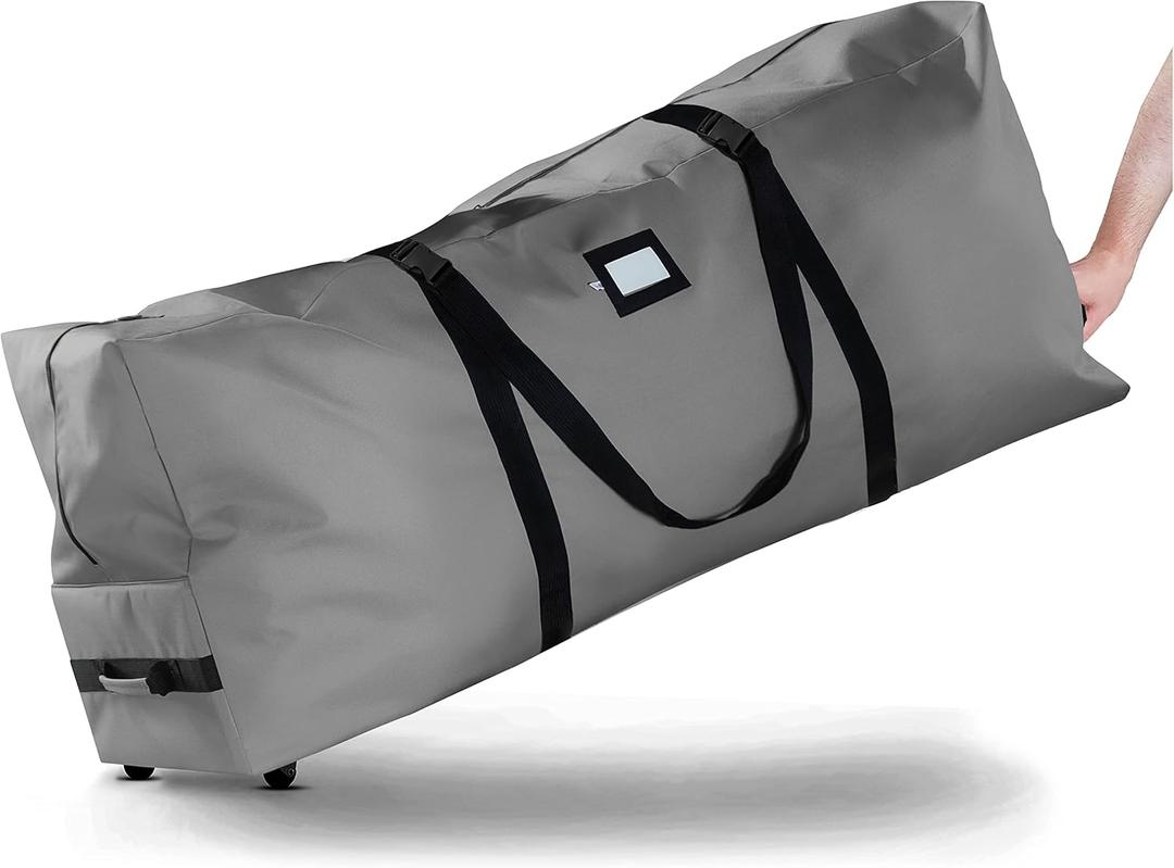 ZOBER 600D Oxford Fabric Large Rolling Christmas Tree Storage Bag  Fits 9 Ft Artificial Trees  Waterproof Christmas Tree Bag For Storage Box For Xmas, Durable Handles and Wheels  Card Slot  Gray