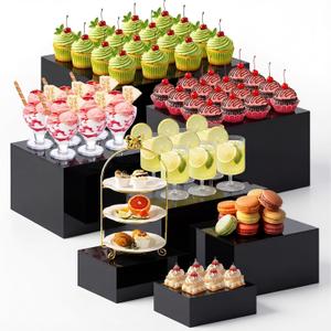 Leinuosen 7 Pcs Extra Large Buffet Risers Set 8" to 14" Square Acrylic Display Box Catering Dessert Table Riser Food Display Decorative Stand with Hollow Bottom for Catering Supplies(Black)