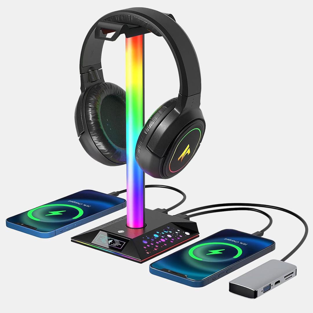 Gaming Headphone Stand PC Accessories - RGB Headset Stand with 2 USB Charger, Cool LED Headphone Holder PC Gaming Accessories for Boys Men Gamers, Computer Game Hardware for Desk (1-tier, Black)