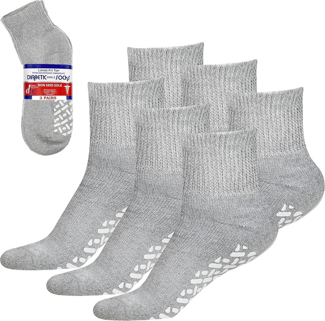 Debra Weitzner Non-Binding Loose Fit Sock - Non-Slip Diabetic Socks for Men and Women - Crew 3Pk Grey (10-13, Ankle Grey With Grips)