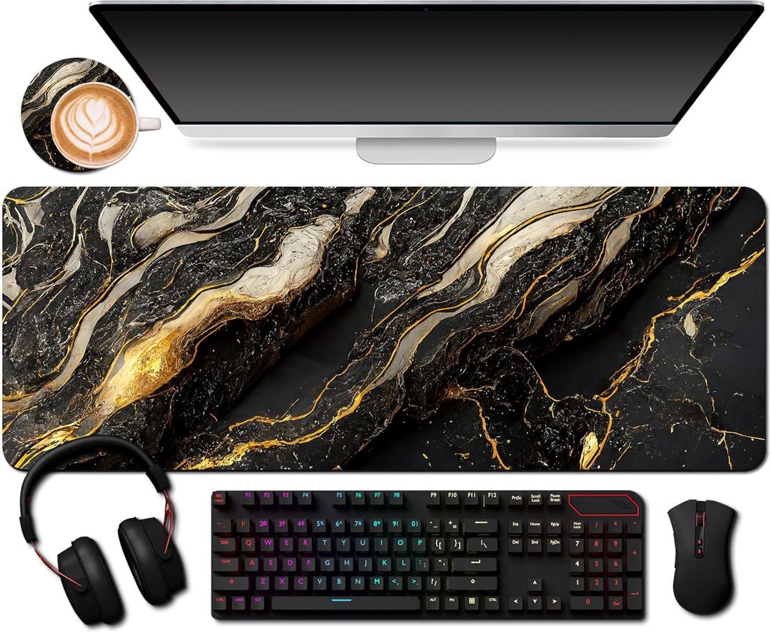 Extended Mouse Pad with Cup Coaster for Computer and Keyboard31.5 X 11.8 inch Gaming Mouse Pad Desk Mat - Black Rose Gold Marble