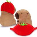 Achwishap Capybara Plush,Cute Plushies Capybara Stuffed Animal,Capybara Plush Toys,Kawaii Plush Stuffed Toy Animal Pillowswith Strawberry Hat Plushie Birthday Gift for Adults Kids,Brown 16”