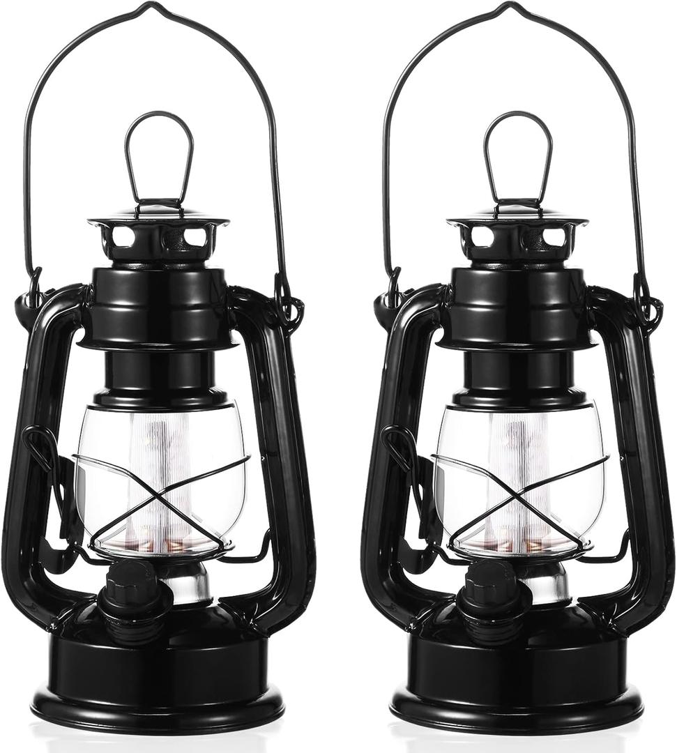 Hortsun 2 Pcs 8 Inch Vintage LED Hurricane Lantern Metal Black Outdoor Battery Operated Hanging Lantern with Warm LEDs and Dimmer Switch for Indoor Rustic Farmhouse Country Camping Decor