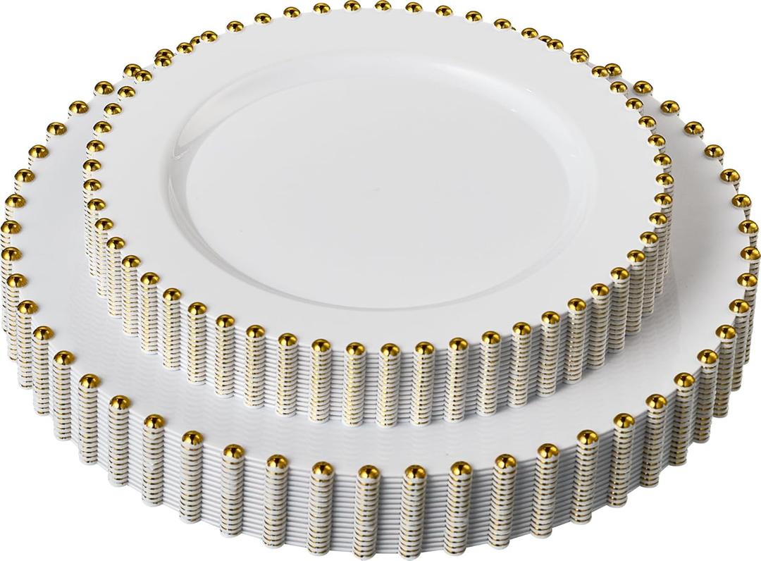 PLASTICPRO 64 Piece Combo Plastic Dinner Plates Disposable Plastic Fancy Heavy Duty Party Dishes 7 inch and 10 inch, White and Gold Beaded