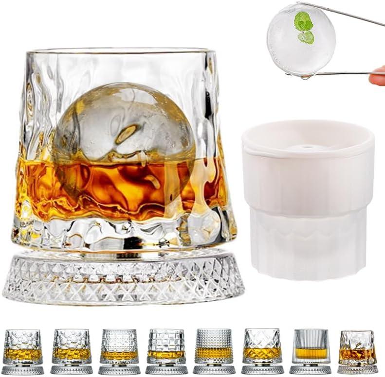 360 Degree Rotating Whiskey Glass Set with Ice Ball Mold, Crystal Clear Bourbon Scotch Glassware for Men, Fun & Novelty Gifts (Pattern 4)