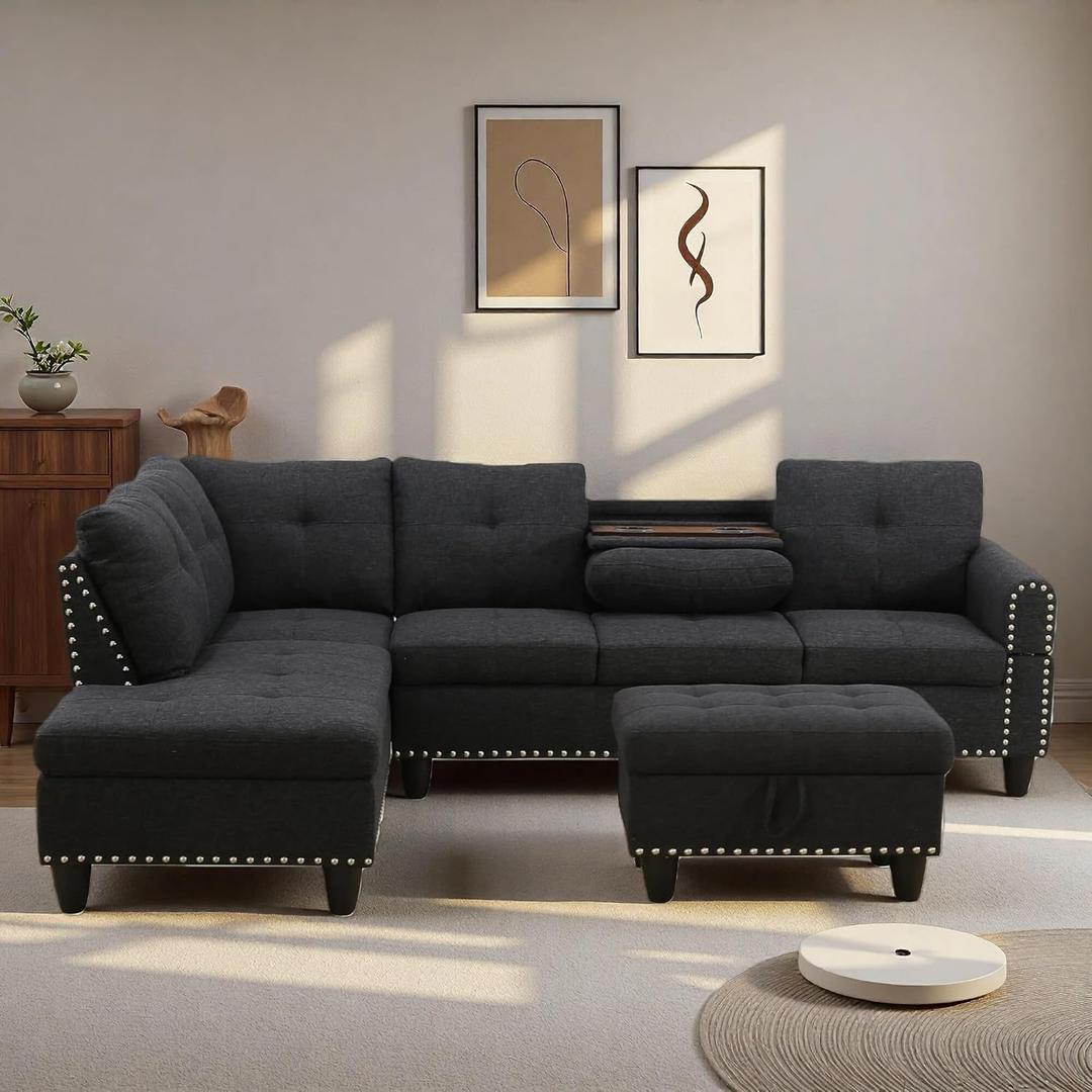 L Shaped Couches for Living Room, Sectional Couch Living Room Furniture with Storage Ottoman, Modular Sectional Sofa with Movable Chaise for Apartment Office, Black Grey