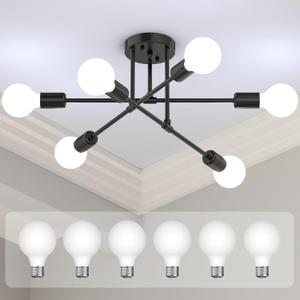 Modern Sputnik Chandelier Ceiling Light Fixtures, 6-Lights 22 Mid Century Industrial Metal Semi Flush Mount for Dining Room, Bedroom, Living Room, 6 Globe Bulbs