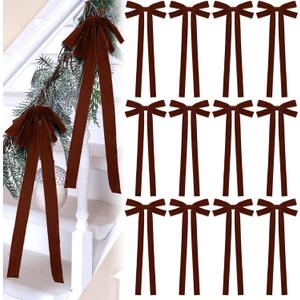12 Pcs Camel Velvet Christmas Bows 10 x 24inch Extra Large Christmas Bow with Extra Long Tail Neutral Holiday Decor Velvet Ribbon Bows for Xmas Garland Fireplace Stairs Mirror Door