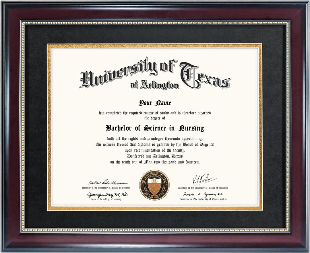 GraduationMall 8.5x11 Diploma Frame with Black over Gold Mat or Display 11x14 Document without Mat, UV Protection Acrylic, Mahogany with Gold Beads
