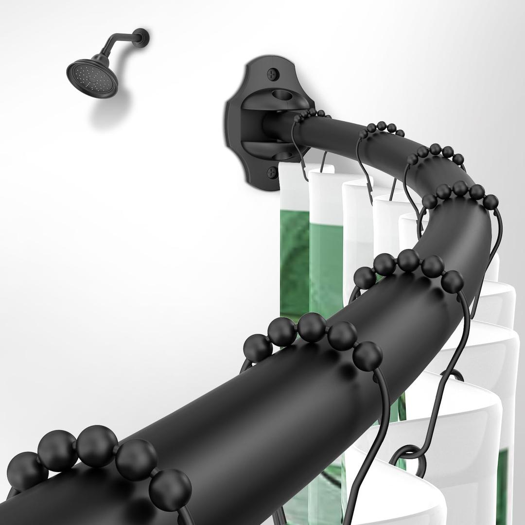 Curved Shower Curtain Rod, TENOVEL Round 42-73 Inches Shower Rods for Bathroom Adjustable, Rounded Bowed Stainless Steel Shower Rods Customized for for Bathtub, Stall, Matte Black, Need to Drill