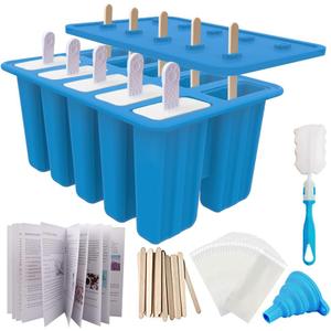 Miaowoof Homemade Popsicle Molds, 10-Cav Non-BPA Silicone Ice Pop Maker, with 50 Sticks, 50 Bags, 10 Reusable Sticks, Funnel, Brush and Ice Pop Recipe (Blue)